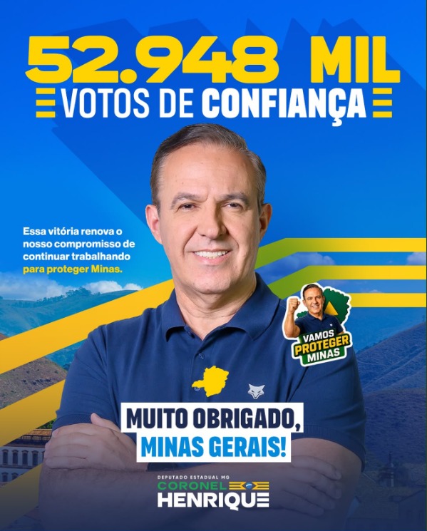 52.948 mil votos de confiança. Muito obrigado, Minas Gerais! Essa vitória renova o nosso compromisso de continuar trabalhando para proteger Minas. Coronel Henrique, Deputado Estadual MG.